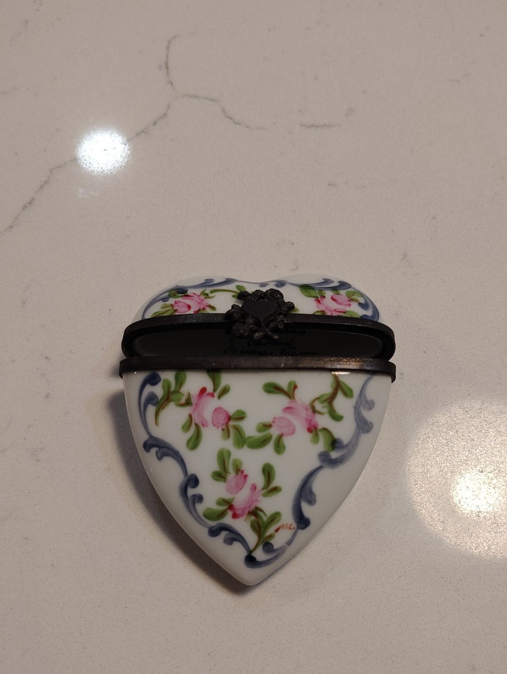 Limoges Porcelain Floral Heart Trinket Box - Pink & White